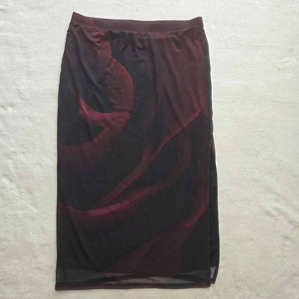 Y2K No Boundaries Two Piece Crop Shirt Skirt Mesh Dark Rose Short Sleeve Sz Lg